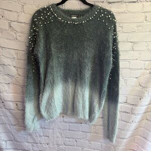 Venus Womens‎ Sweater Pearl Trim Gray Blue Ombre Fuzzy Long Sleeve Sweater Sz S